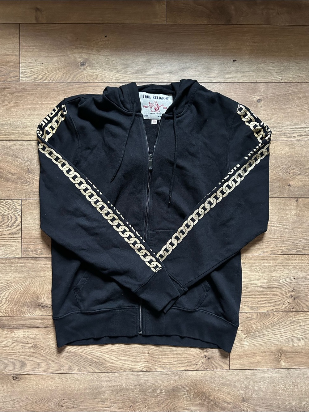 True Religion Black Zip-Up Hoodie with Gold Chain Sleeve Print